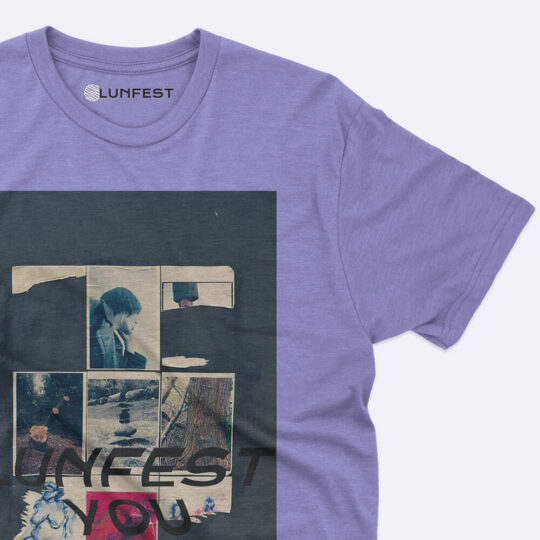 A purple t-shirt with various images on it.