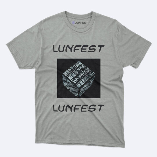 A gray t-shirt with the words lunfest on it.