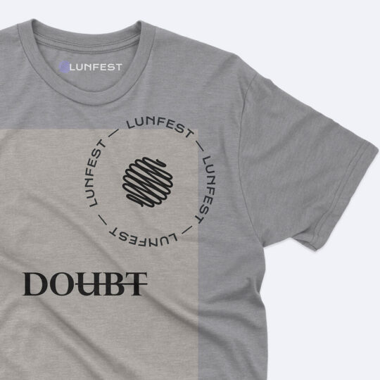 A gray t-shirt with the word doubt on it.