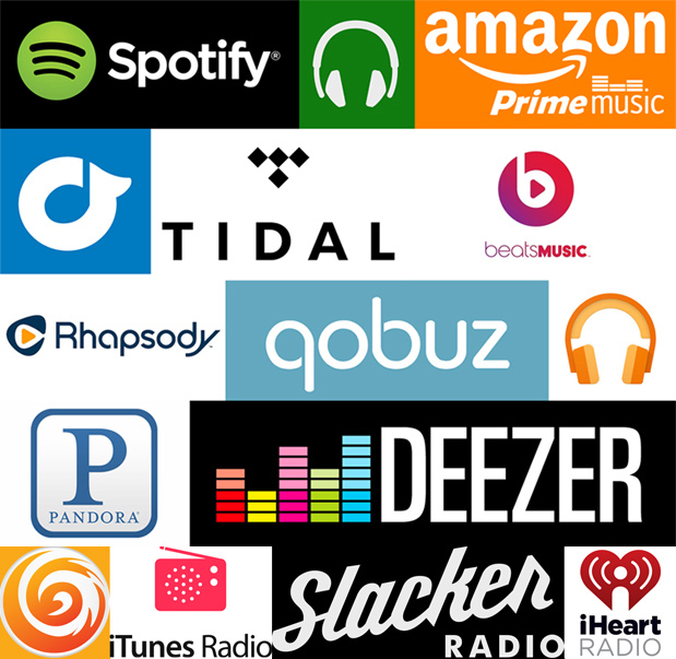 A bunch of different music streaming services are shown.